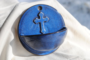 Indigo Holy Water Font with Cross